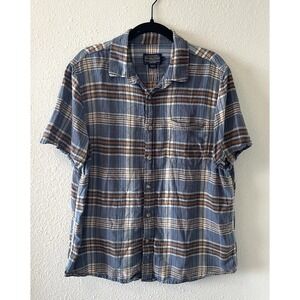 Pendleton Shirt Men's Large Blue Plaid Linen Blend Casual Button Up Short Sleeve